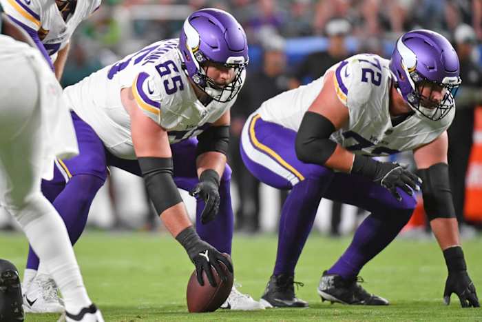 Sep 14, 2023; Philadelphia, Pennsylvania, USA; Minnesota Vikings center Austin Schlottmann (65) and guard Ezra Cleveland (72) against the Philadelphia Eagles at Lincoln Financial Field. 